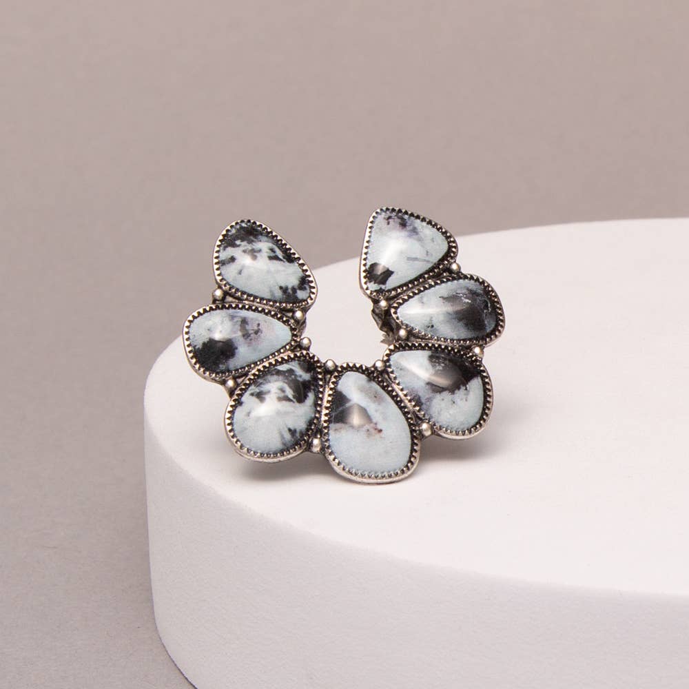 Faux Silver Western Squash Blossom Stone Stretch Ring