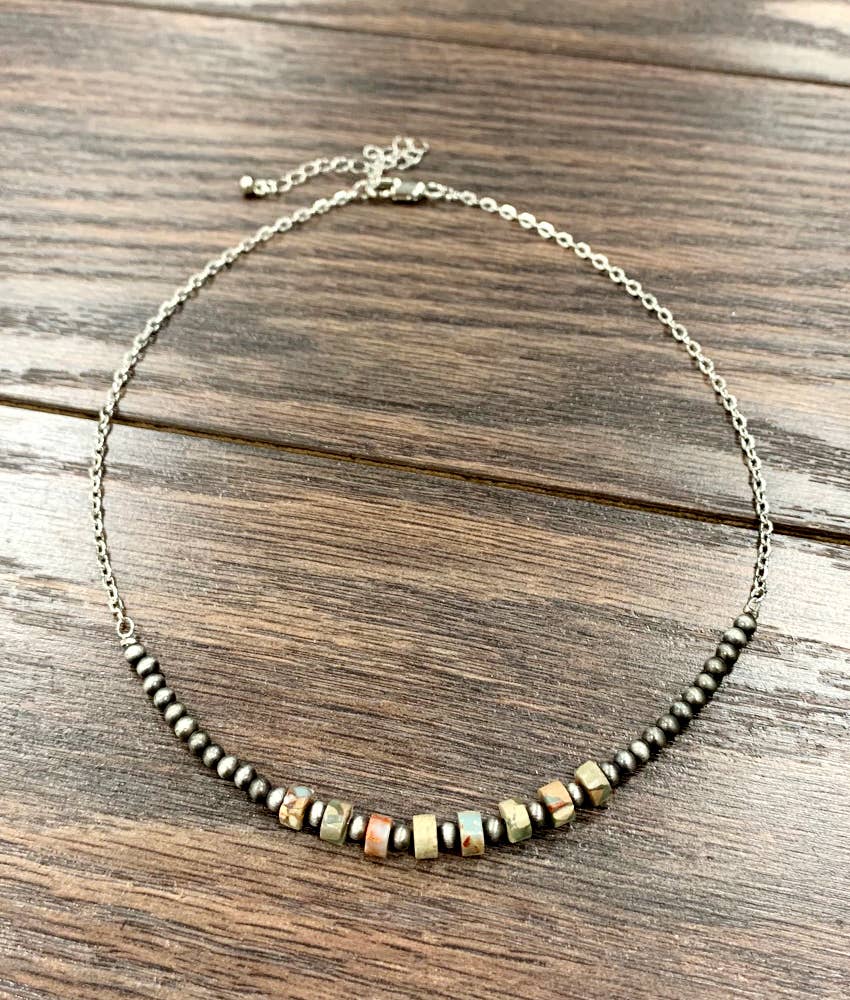 Faux Silver 15" Western 6mm Gemstone Necklace