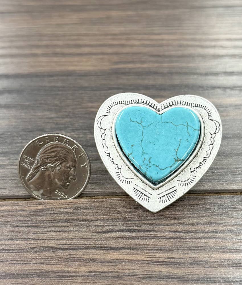 Faux Silver Big 1.6" Heart Turquoise Adjustable Ring