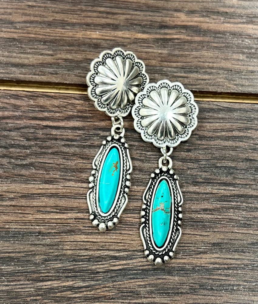 Faux Silver 2.3" Western Turquoise Post Earrings