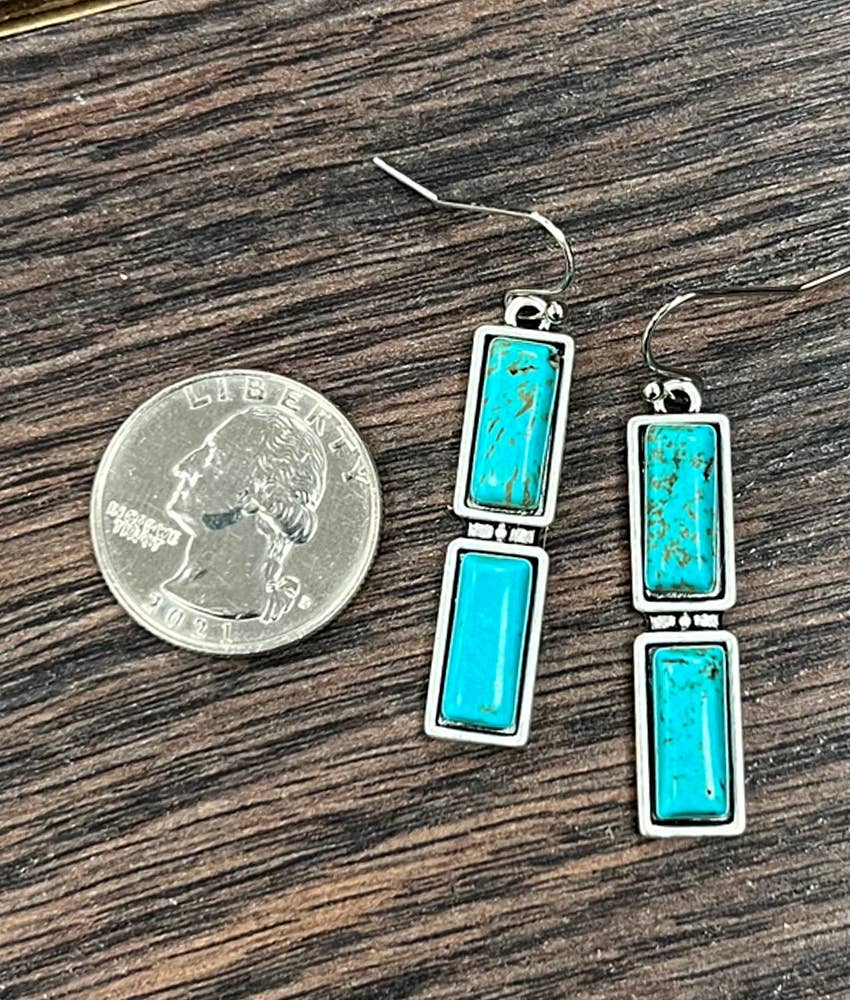 Faux Silver 1.5" Bar Turquoise Earrings