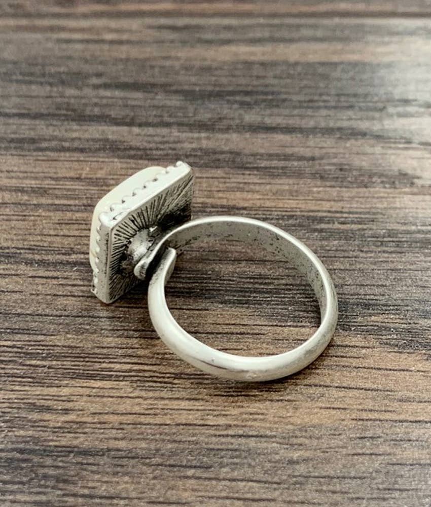 Faux Silver 10mm Square White Turquoise Adjustable Ring