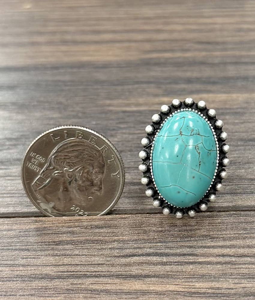 Faux Silver 1.2" Western Oval Turquoise Adjustable Ring