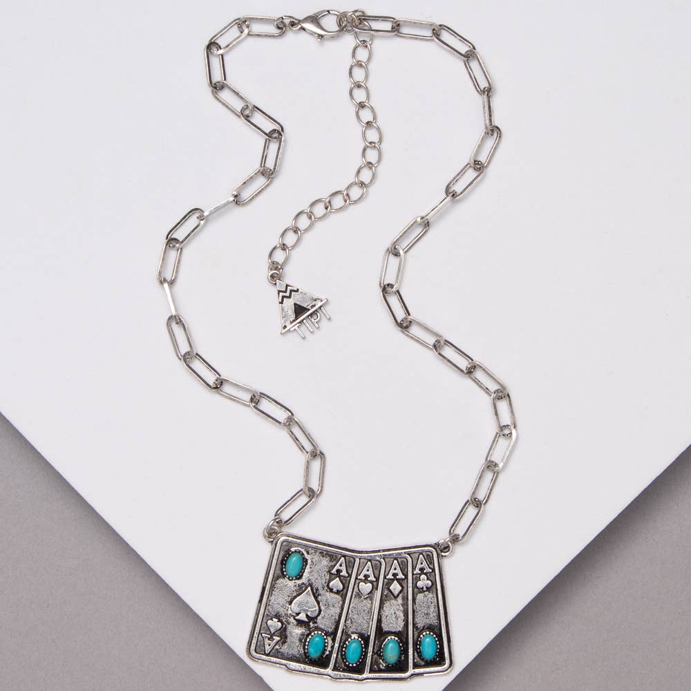 Faux Silver Western Playing Card Pendant Necklace with Turquoise Accents
