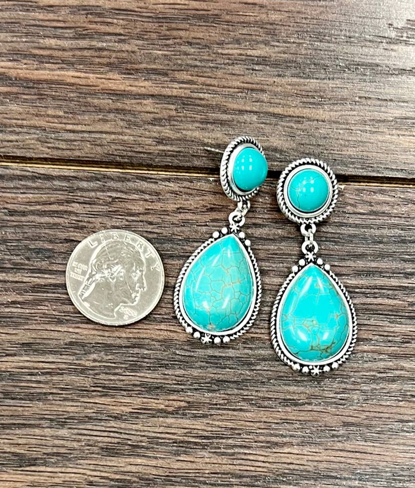 Faux Silver 2" Western Drop Turquoise Post Earrings
