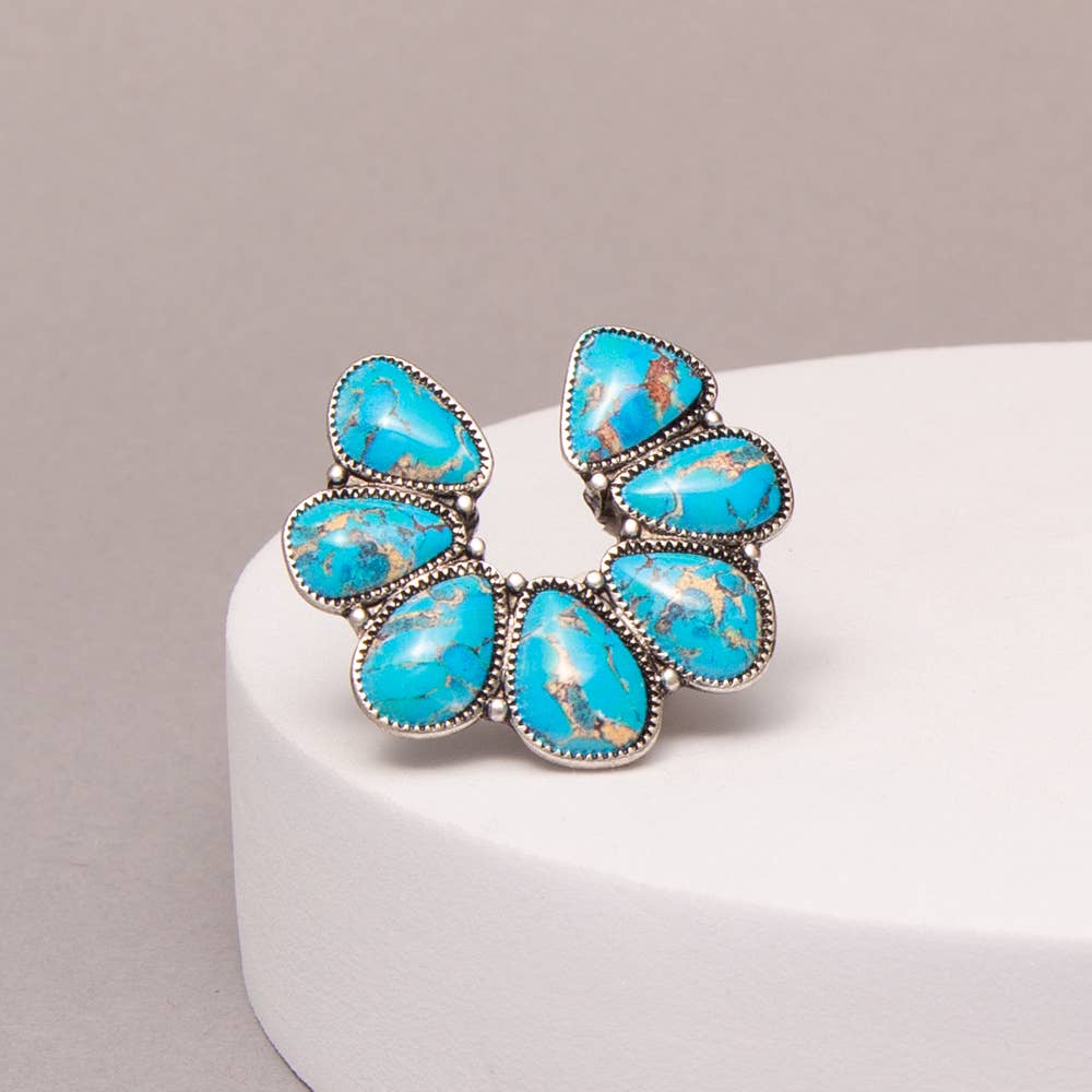 Faux Silver Western Squash Blossom Stone Stretch Ring