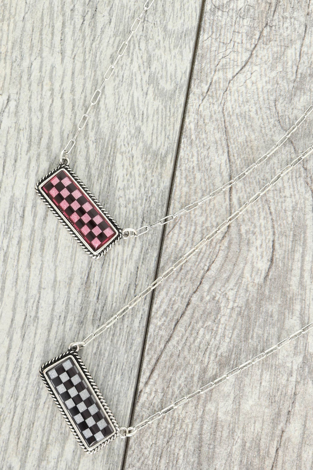 Faux Silver Western Checkerboard Bar Pendant Necklace