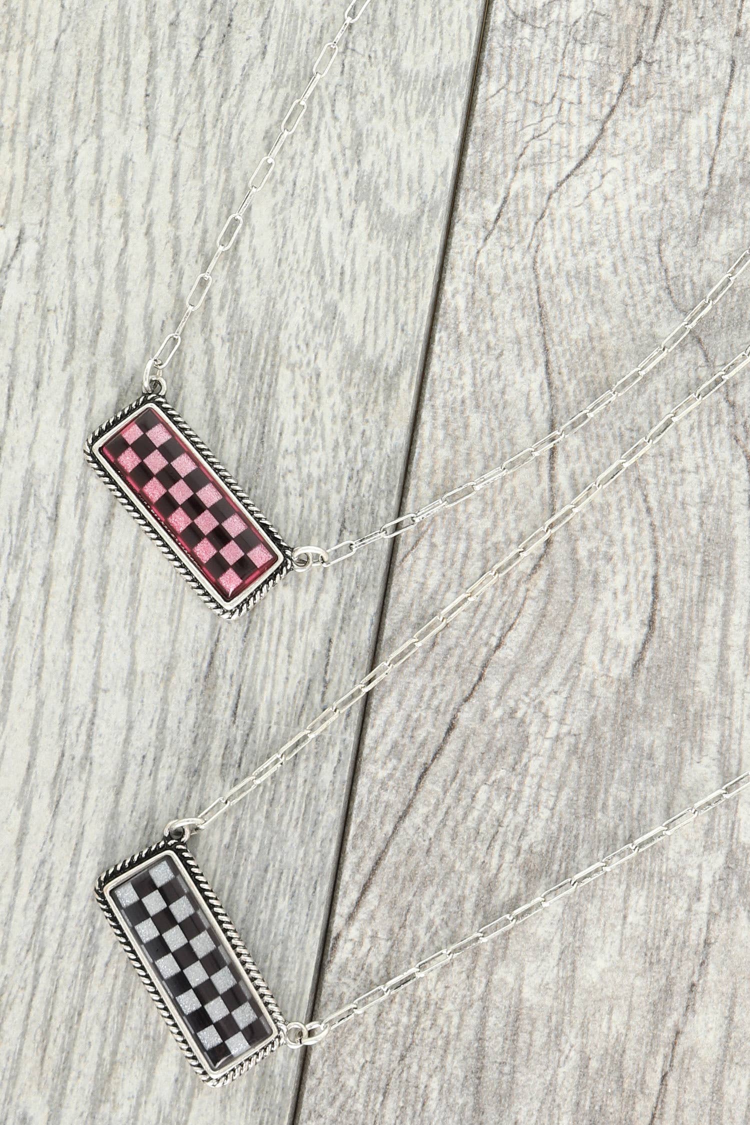 Faux Silver Western Checkerboard Bar Pendant Necklace