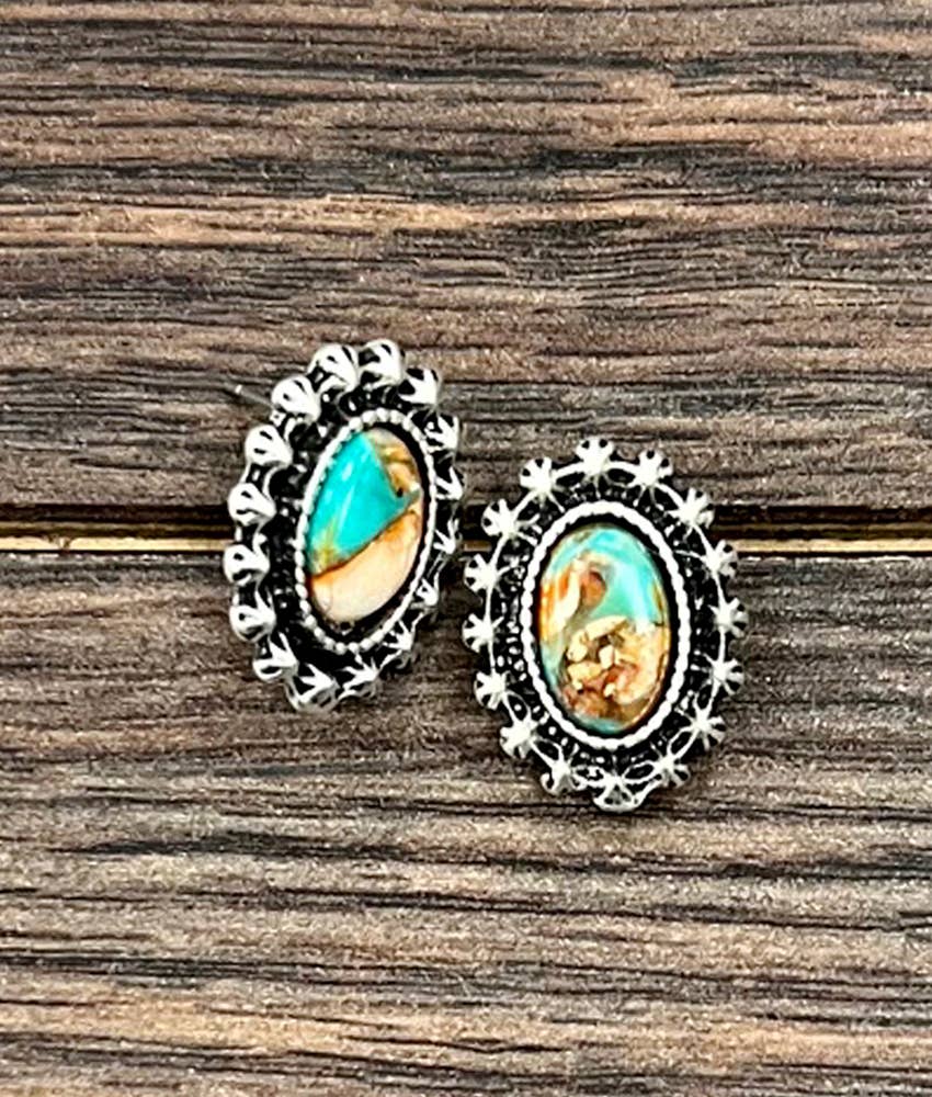 Faux Silver Oval Gemstone Stud Earrings