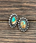 Faux Silver Oval Gemstone Stud Earrings