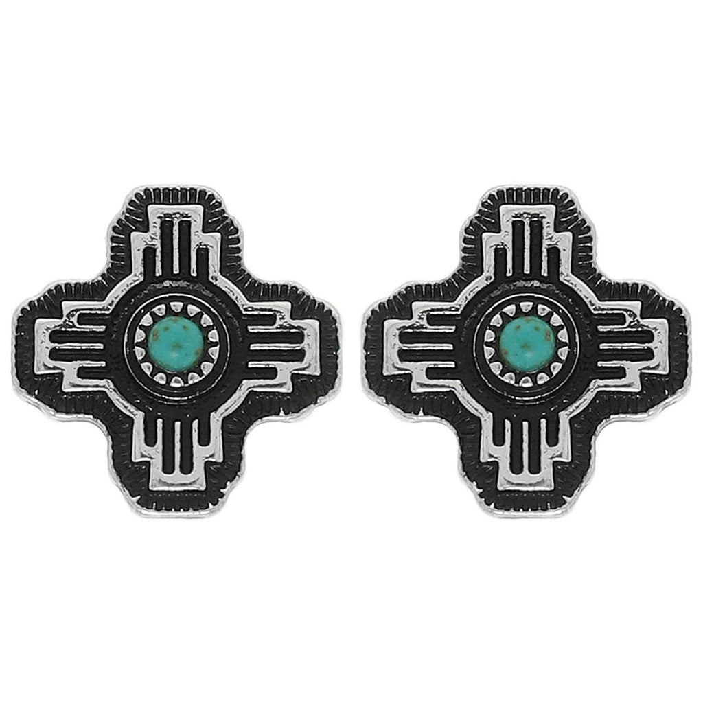 Faux Silver Western Turquoise Cross Stud Earrings