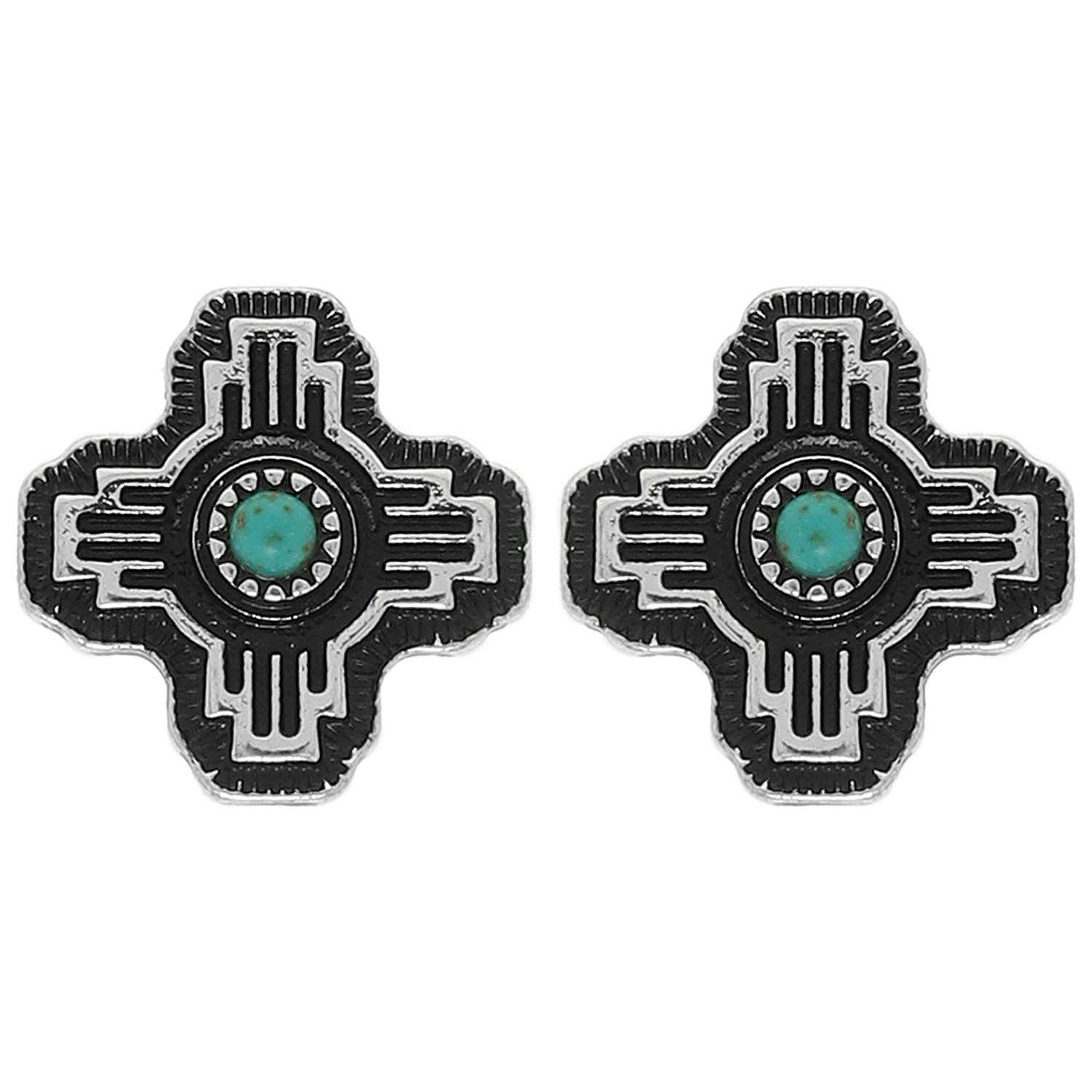Faux Silver Western Turquoise Cross Stud Earrings