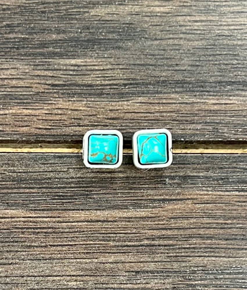 Faux Silver 6mm Square Turquoise Stud Earrings