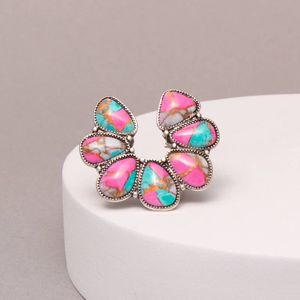 Faux Silver Western Squash Blossom Stone Stretch Ring