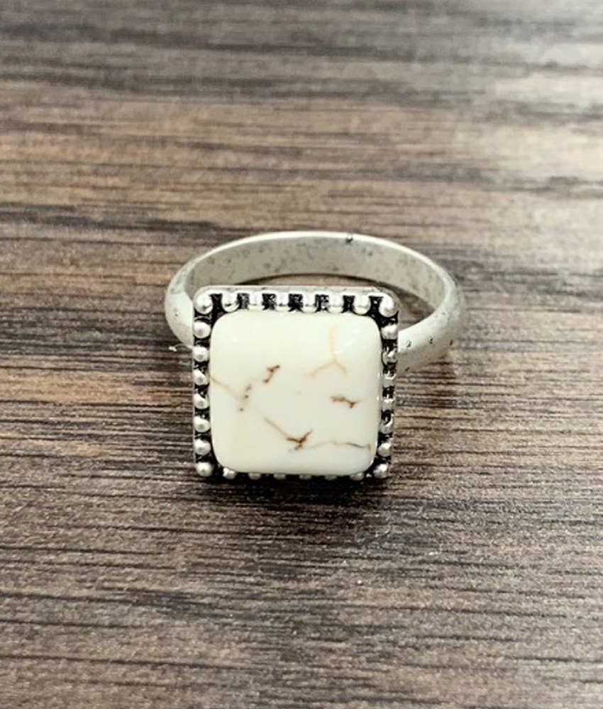 Faux Silver 10mm Square White Turquoise Adjustable Ring
