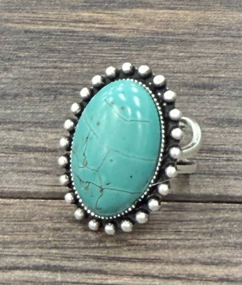 Faux Silver 1.2" Western Oval Turquoise Adjustable Ring