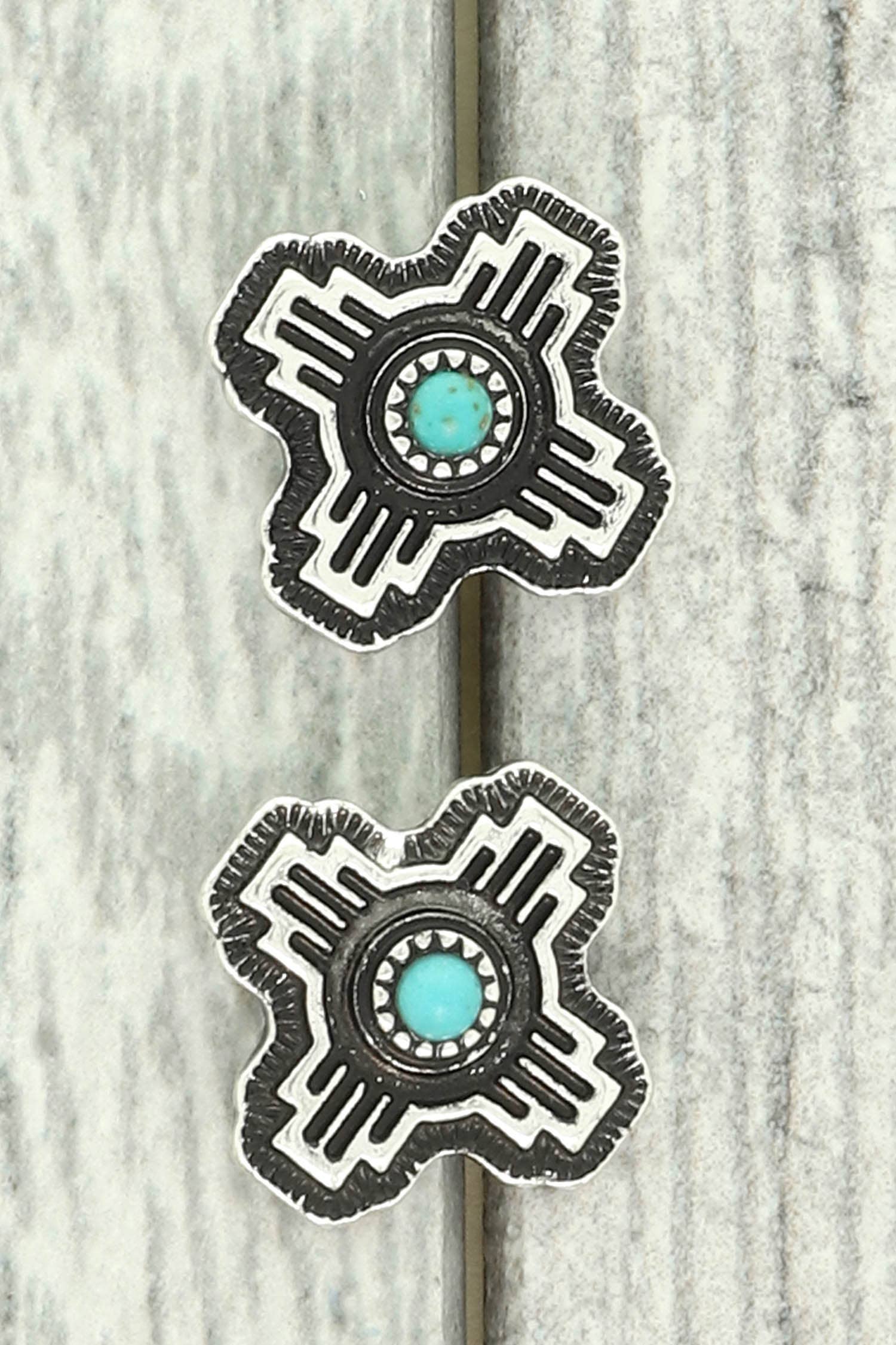 Faux Silver Western Turquoise Cross Stud Earrings