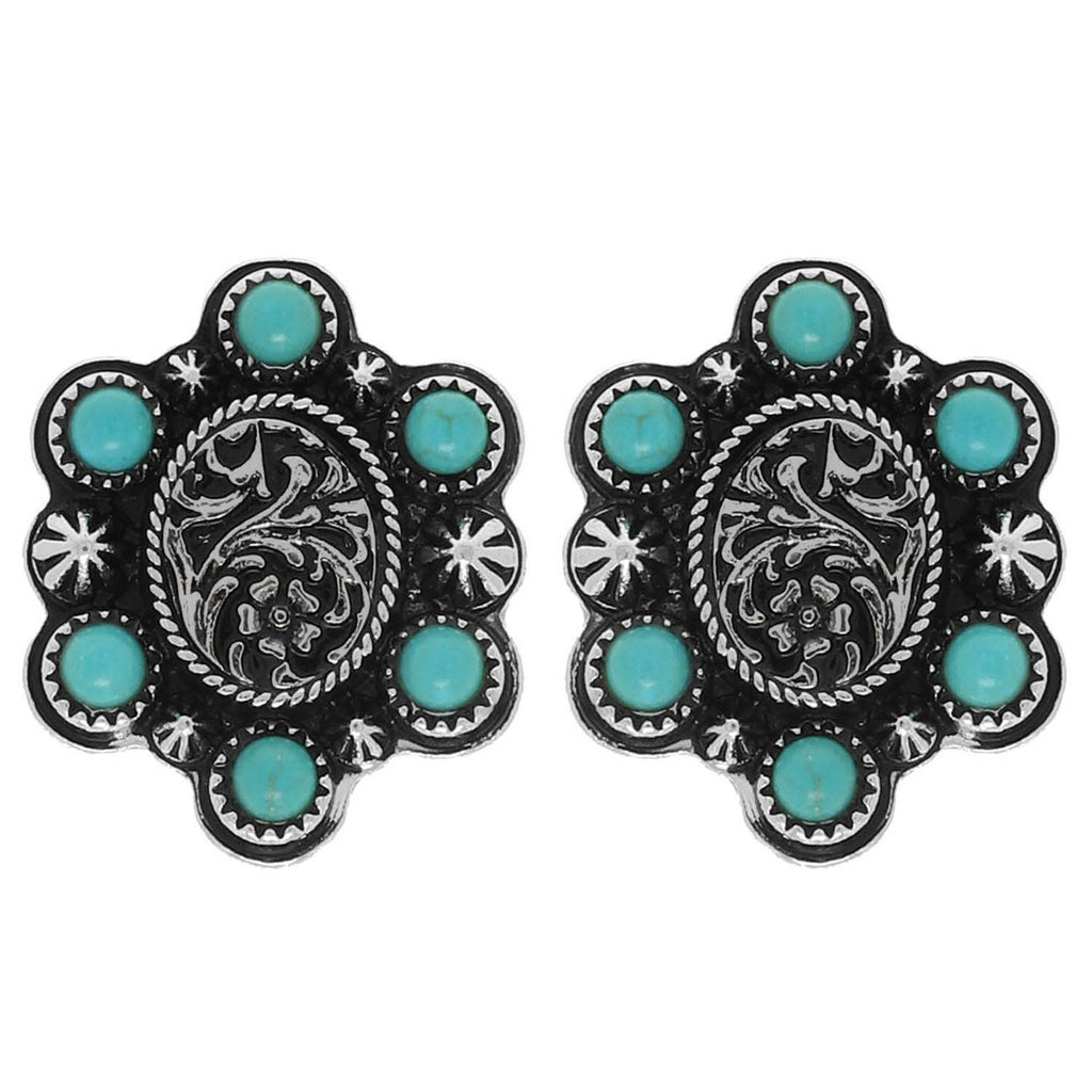 Faux Silver Western Turquoise Engraved Concho Stud Earrings