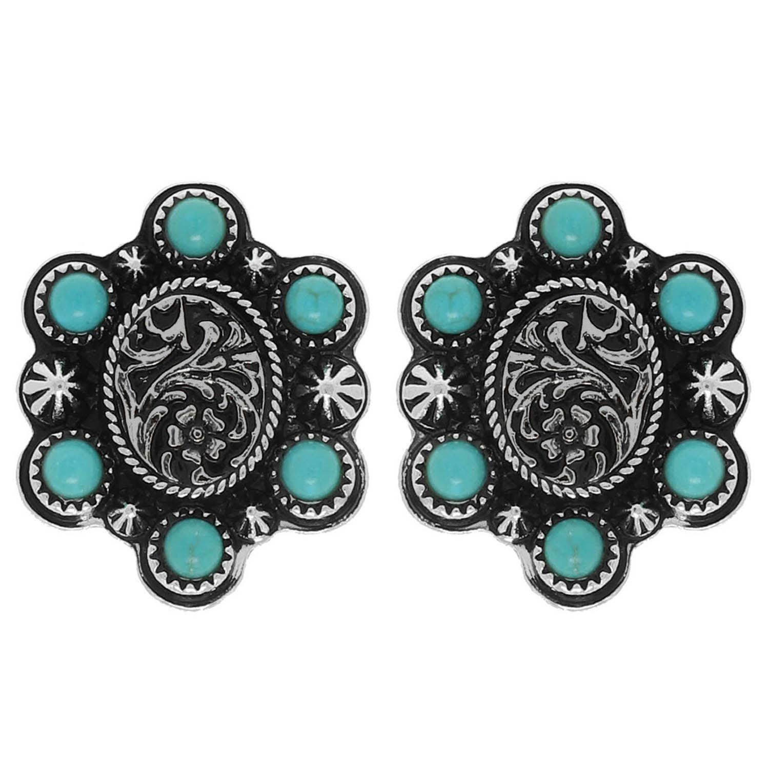 Faux Silver Western Turquoise Engraved Concho Stud Earrings