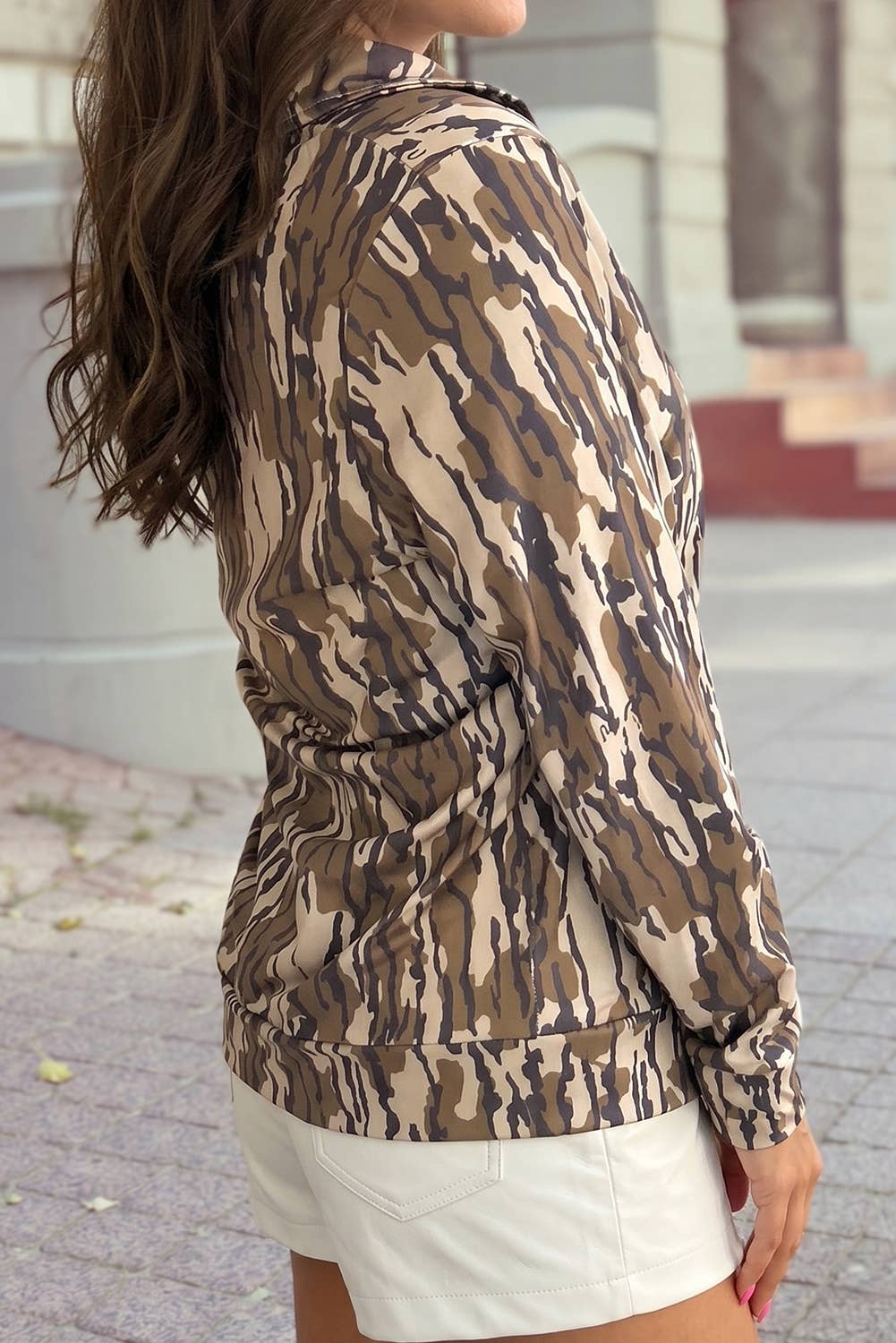 Camouflage Quarter Zip Pullover Long Sleeve Top