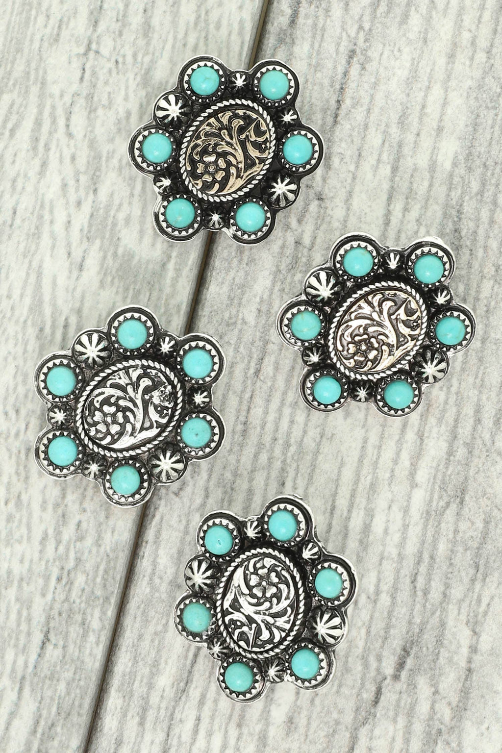 Faux Silver Western Turquoise Engraved Concho Stud Earrings