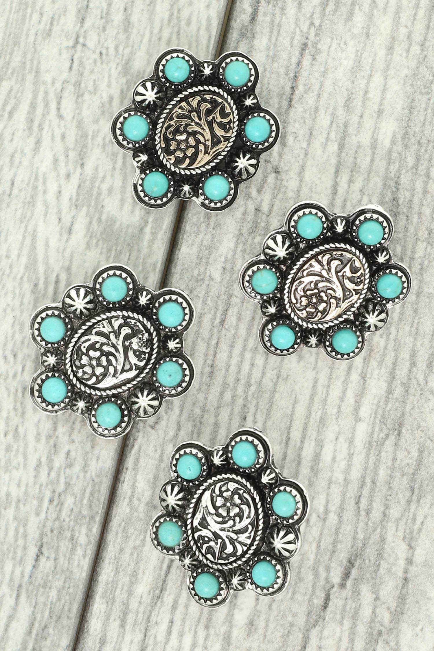 Faux Silver Western Turquoise Engraved Concho Stud Earrings