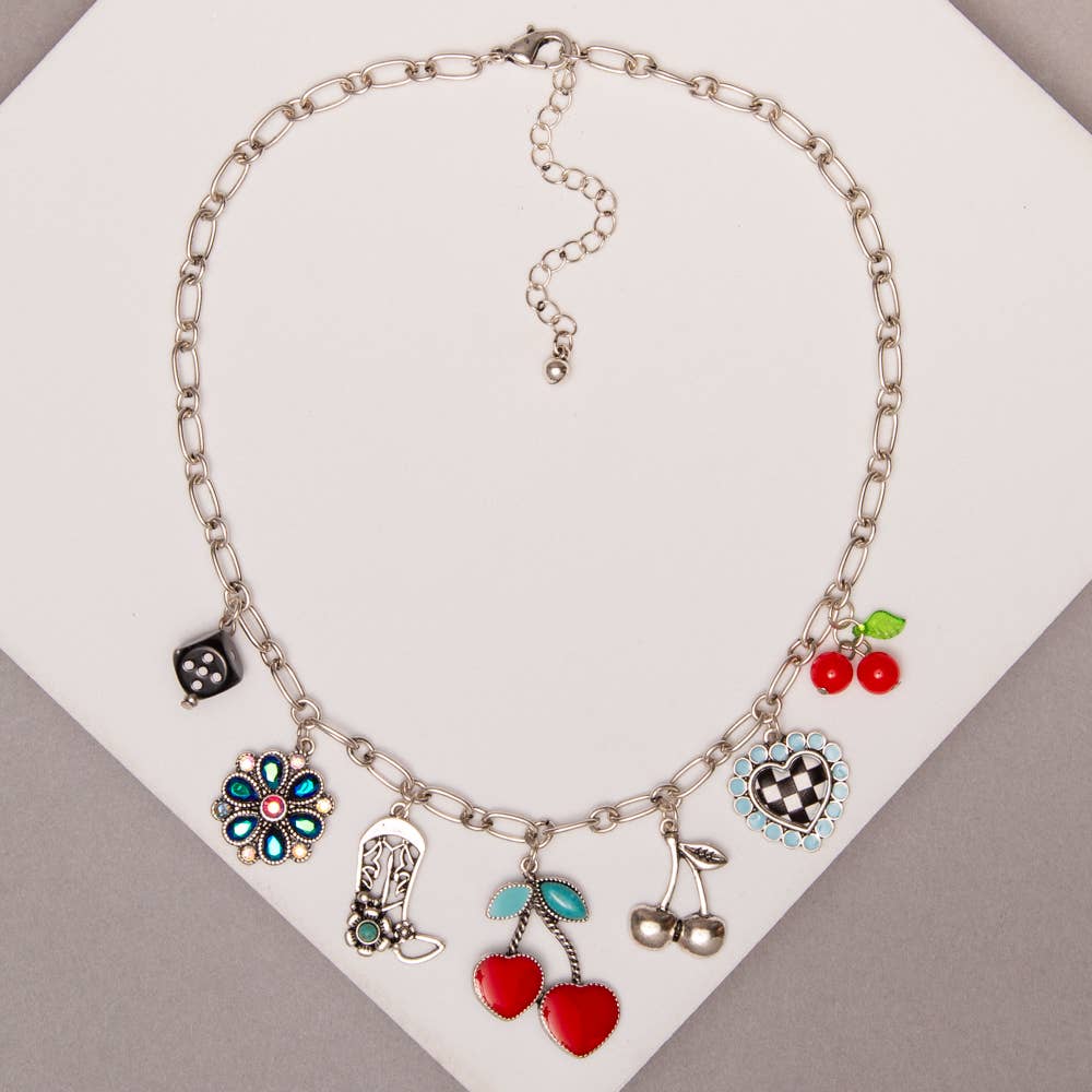 Faux Silver Western Multi Charm Necklace with Turquoise Cherriesa