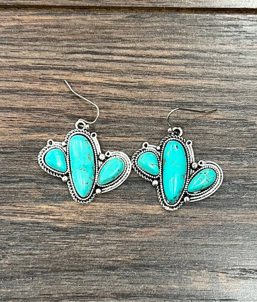 Faux Silver 1.2" Western Cactus Turquoise Earrings