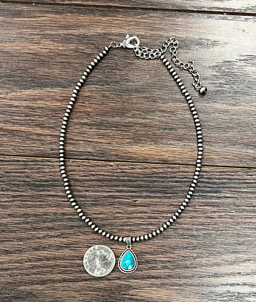 Faux Silver Handmade 15" Gemstone Necklace with Pendant