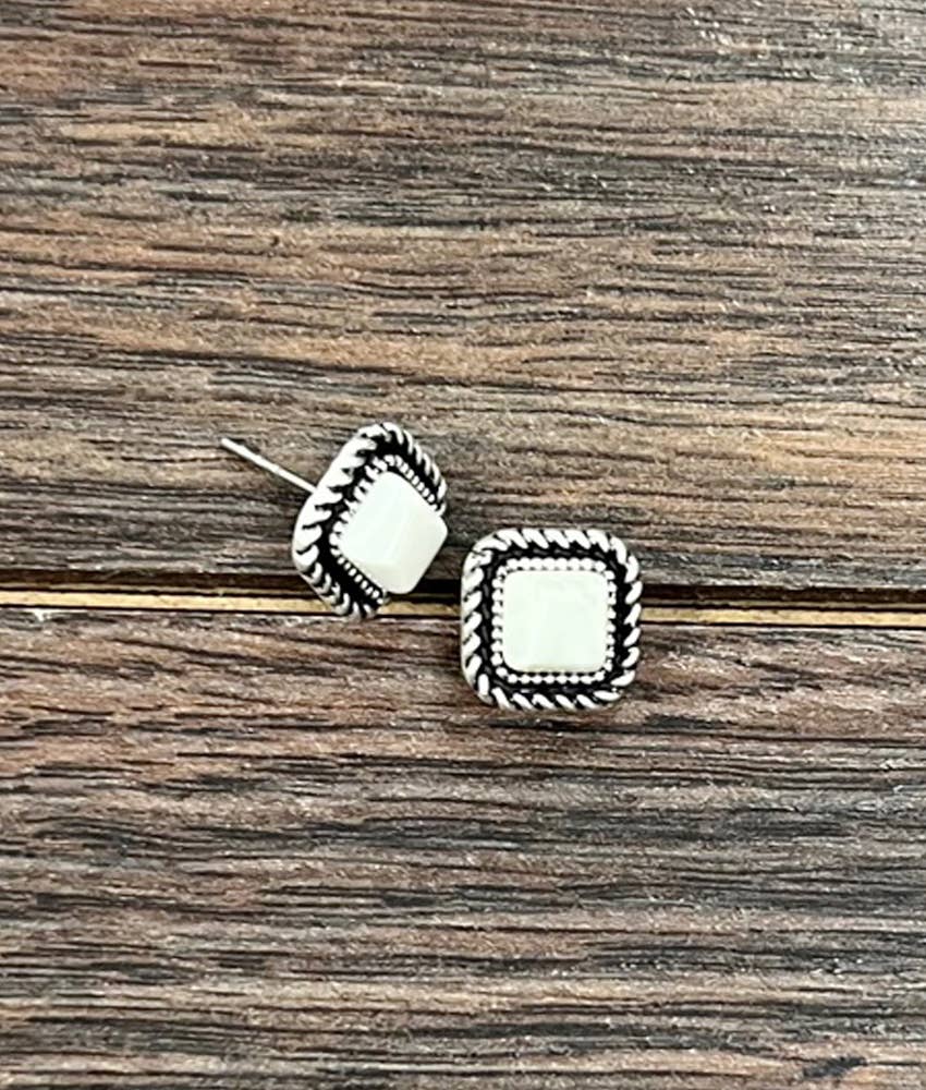 Faux Silver 6mm Square White Turquoise Stud Earrings
