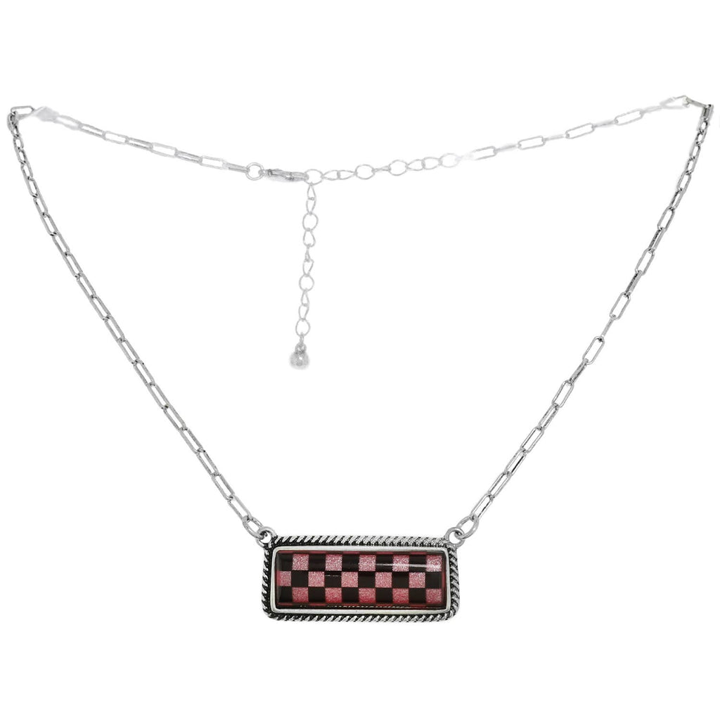 Faux Silver Western Checkerboard Bar Pendant Necklace