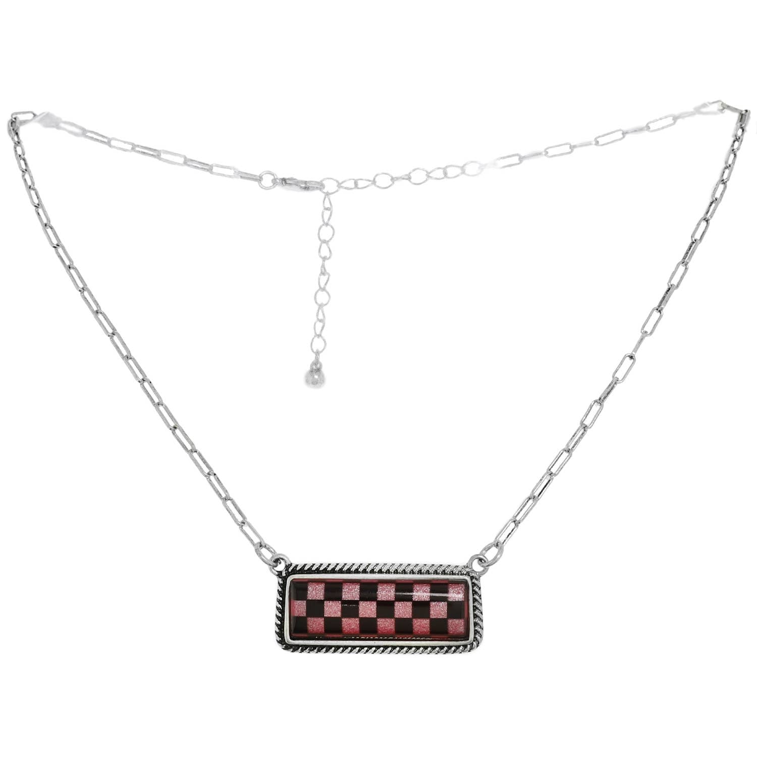 Faux Silver Western Checkerboard Bar Pendant Necklace