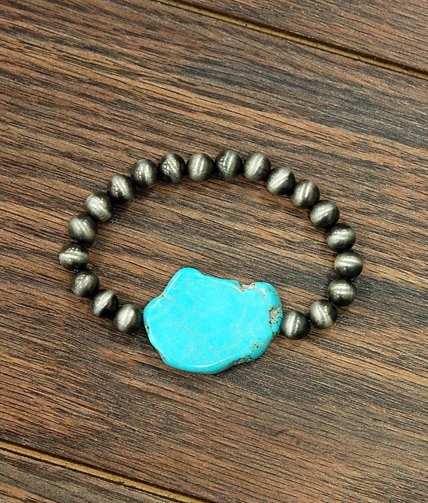Faux Silver and Turquoise Western Slab Stretch Bracelet