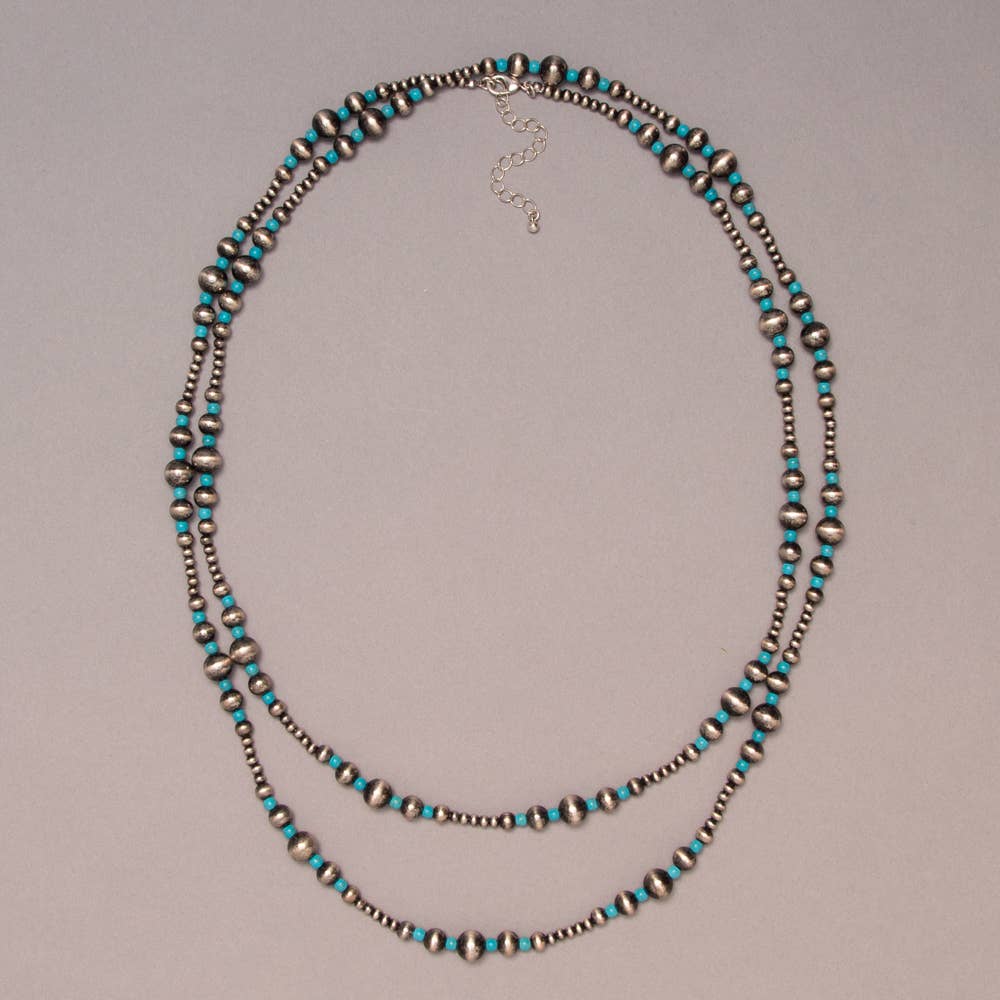 Faux Silver Western Turquoise Stone And Round Bead Necklace