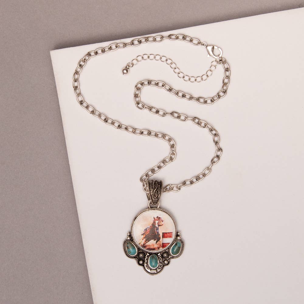 Faux Silver Western Rodeo Rider Print Pendant Necklace