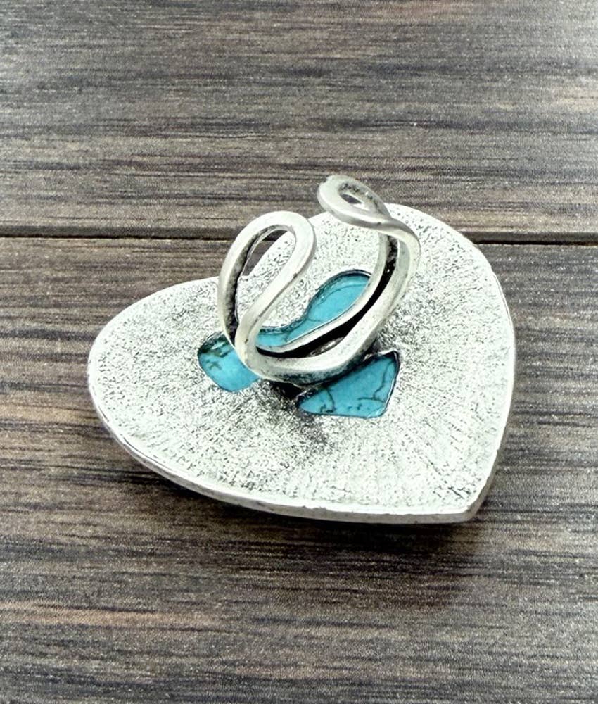 Faux Silver Big 1.6" Heart Turquoise Adjustable Ring