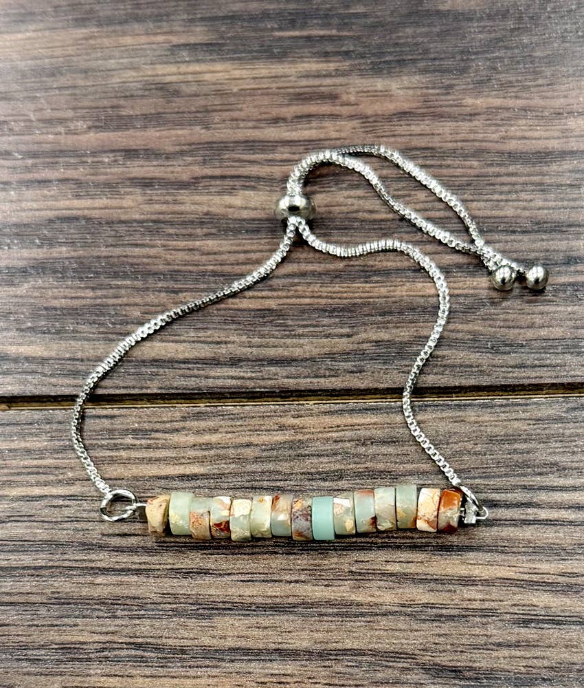 Faux Silver 6mm Gemstone Adjustable Bracelet