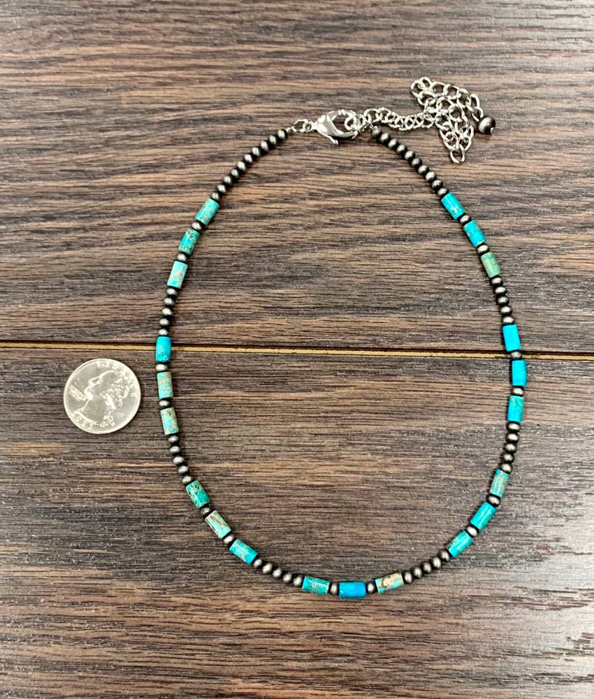 Faux Silver Pearls and Turquoise Necklace
