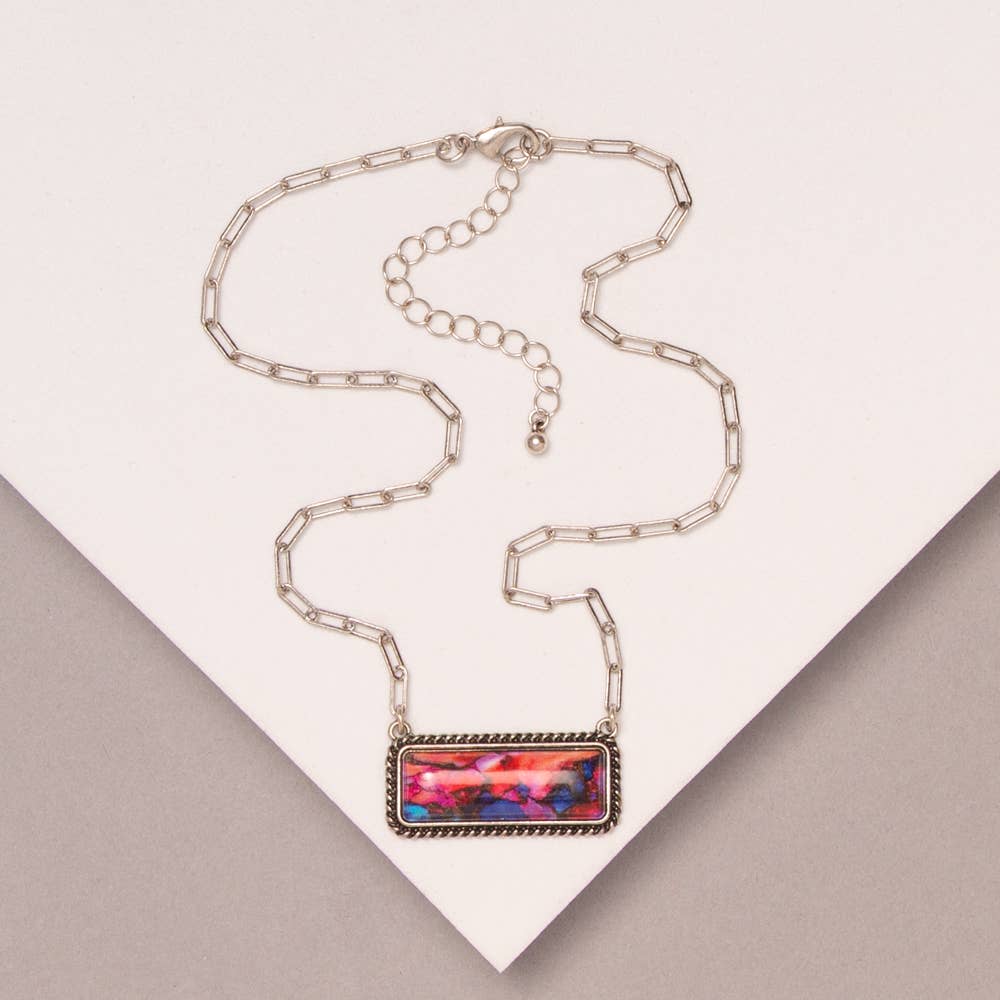 Faux Silver Western Marbled Colored Turquoise Rectangle Pendant Necklace