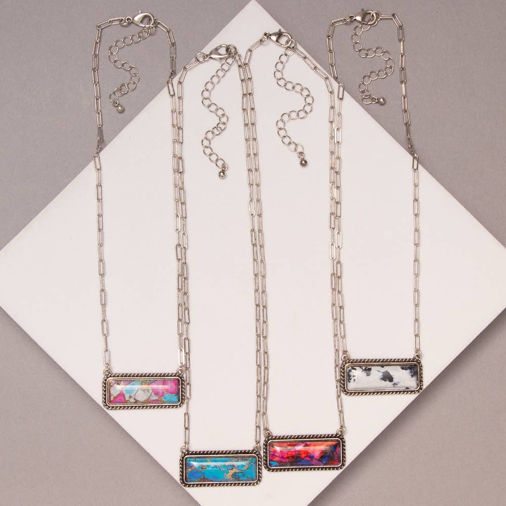 Faux Silver Western Marbled Colored Turquoise Rectangle Pendant Necklace